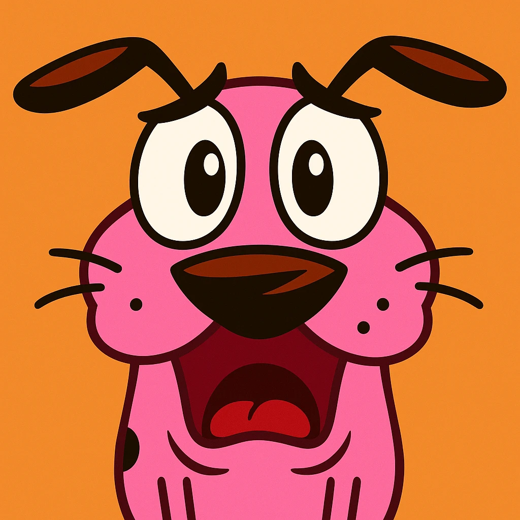 Courage the Cowardly Dog as an emoji, pink dog with big eyes, expressive face, vibrant toon cartoon style emoji