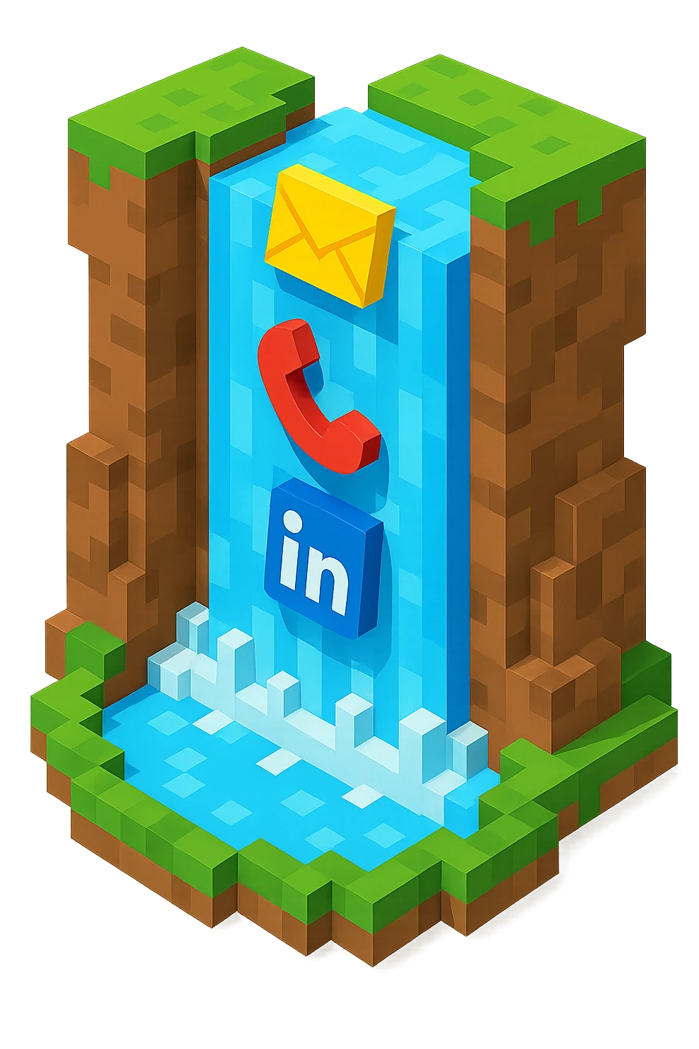 waterfall where instead of water icons of email envelope, phone headset and linkedin logo is falling emoji