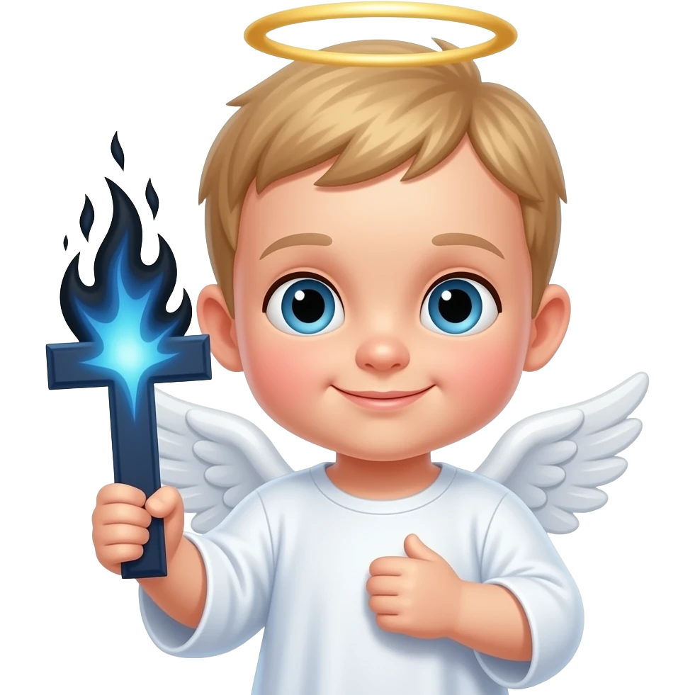 faça uma cruz azul escura saindo fogo preto dela, faça um anjo bebe segurando essa cruz emoji