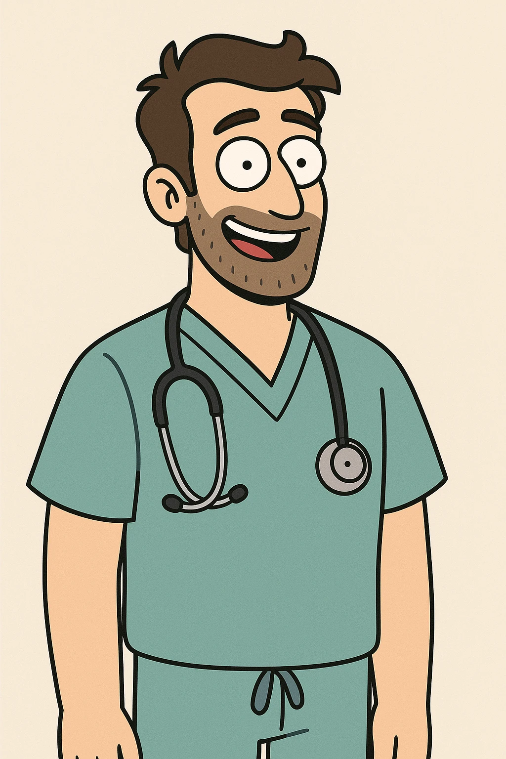 doctor, cartoon style, stethoscope, smiling, blue scrubs emoji