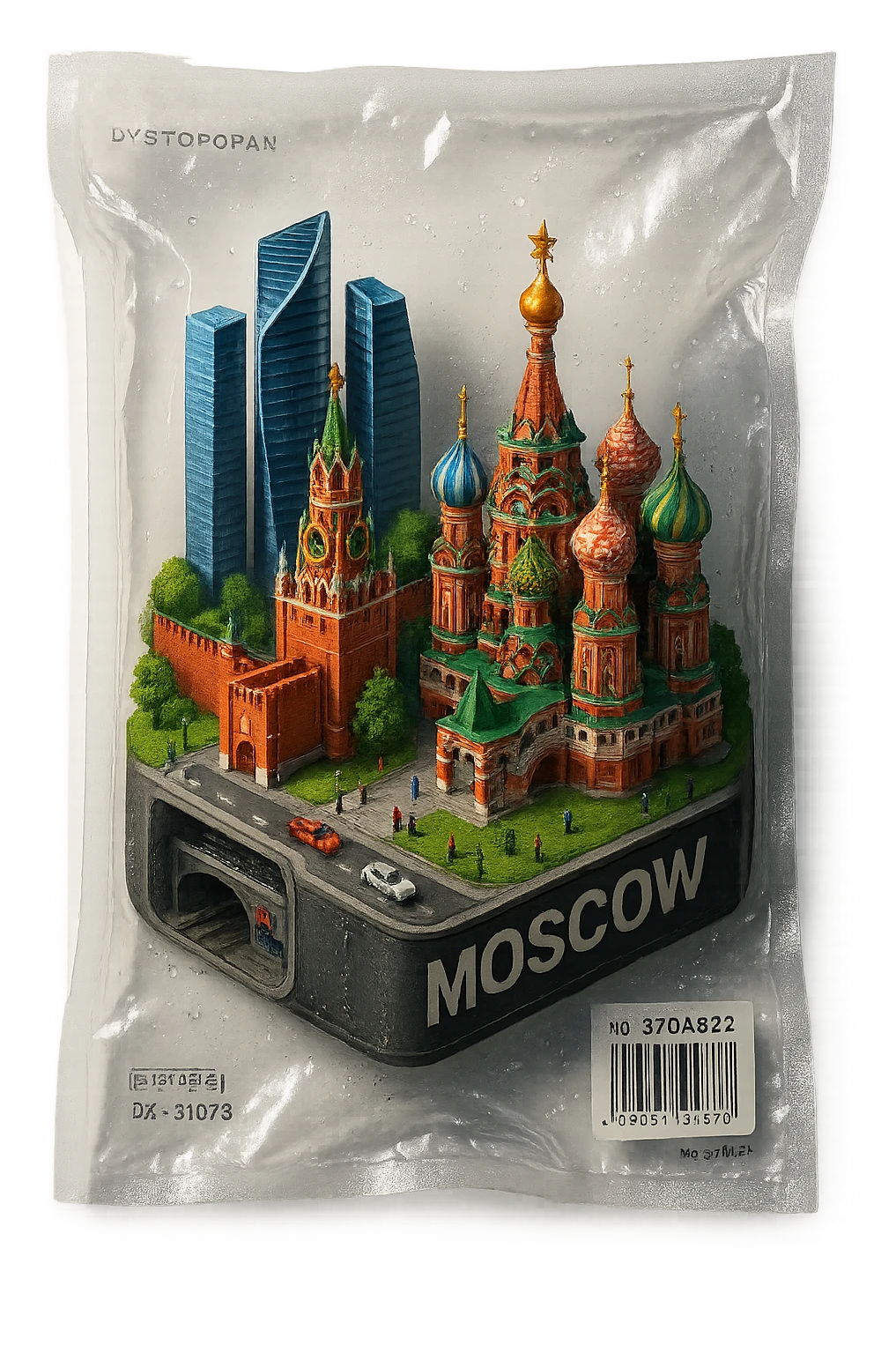 Изометричная миниатюрная 3D модель Москвы на подставке - фотореалистичный Кремль, собор Василия Блаженного, фотореалистичный Башни Москва-Сити, аккуратная детализация, яркие цвета, мультяшный реализм, гуляют люди и современный автотранспорт и метро, компактная композиция, вид сверху в изометрии emoji