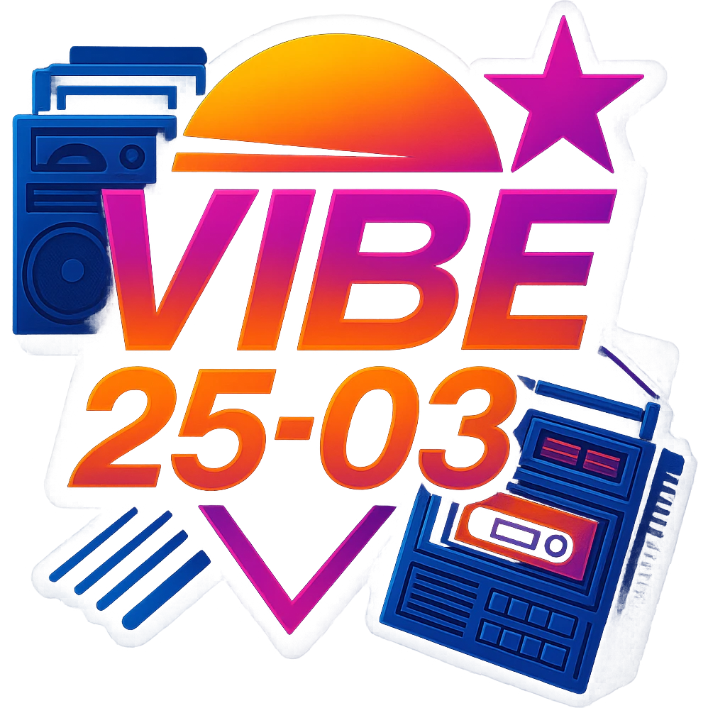 Remove the Rubik's cube and focus on a large cassette player boombox as the main retro element for the VIBE25-03 logo. Maintain the neon synthwave style and vibrant colors with no background, transparent background. emoji