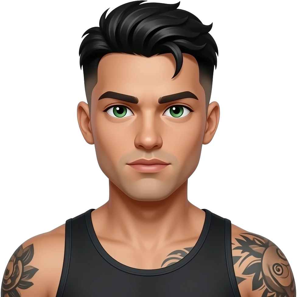 rictus arrogant gars cheveux noirs low taper fade look dark beau et yeux verts peau laiteuse pâle et tatoué musclé 20 ans emoji