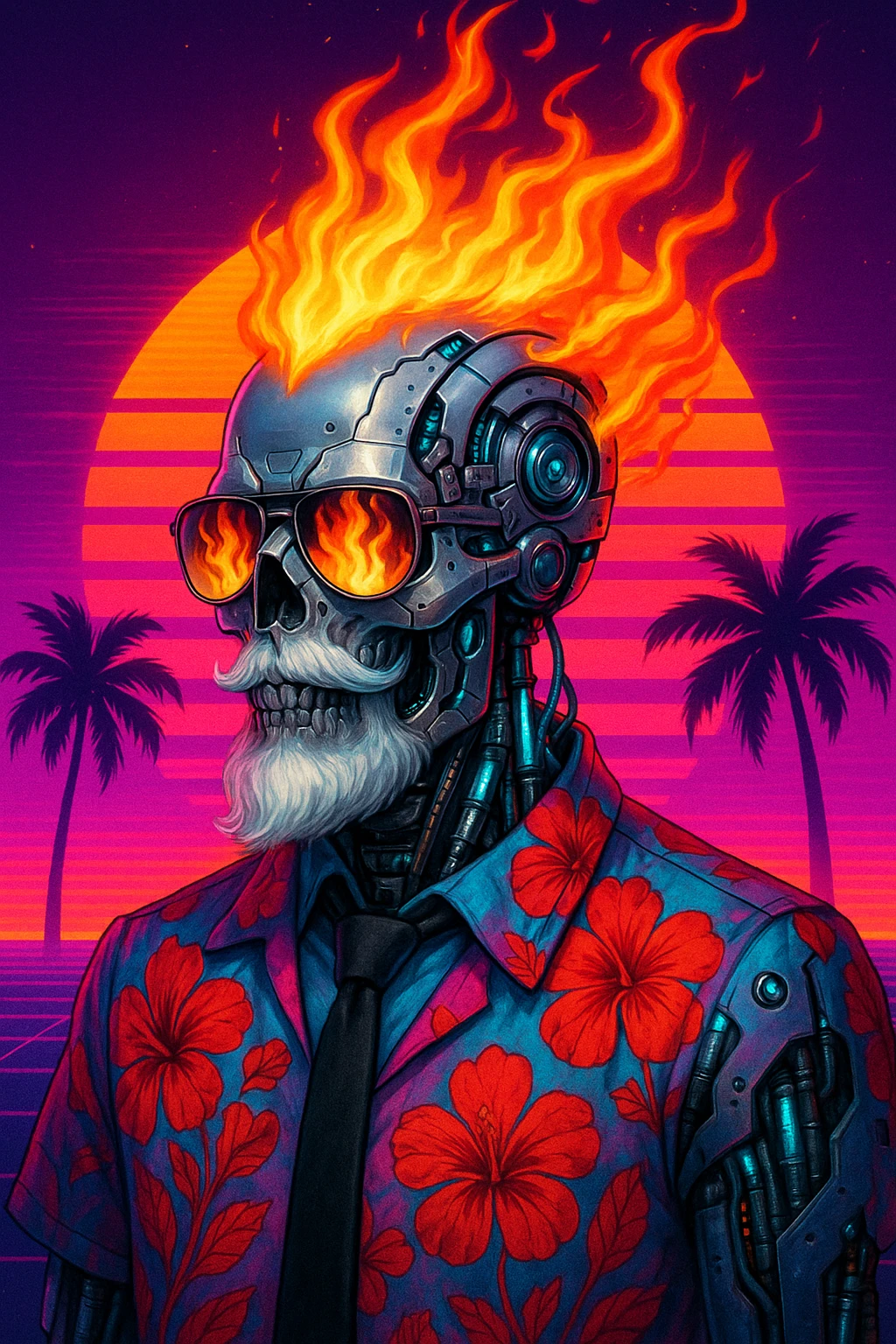 A silver android skull with mechanical features, white beard, and sunglasses reflecting flames. Flaming hair erupts from the head. Dressed in a Hawaiian shirt (red hibiscus, pink/blue gradient) and black tie, with visible glowing tubes and mechanical parts. Background: neon synthwave sunset, stylized sun, palm trees, intense retro color gradients. Style: cyberpunk, vaporwave, retrofuturism. emoji