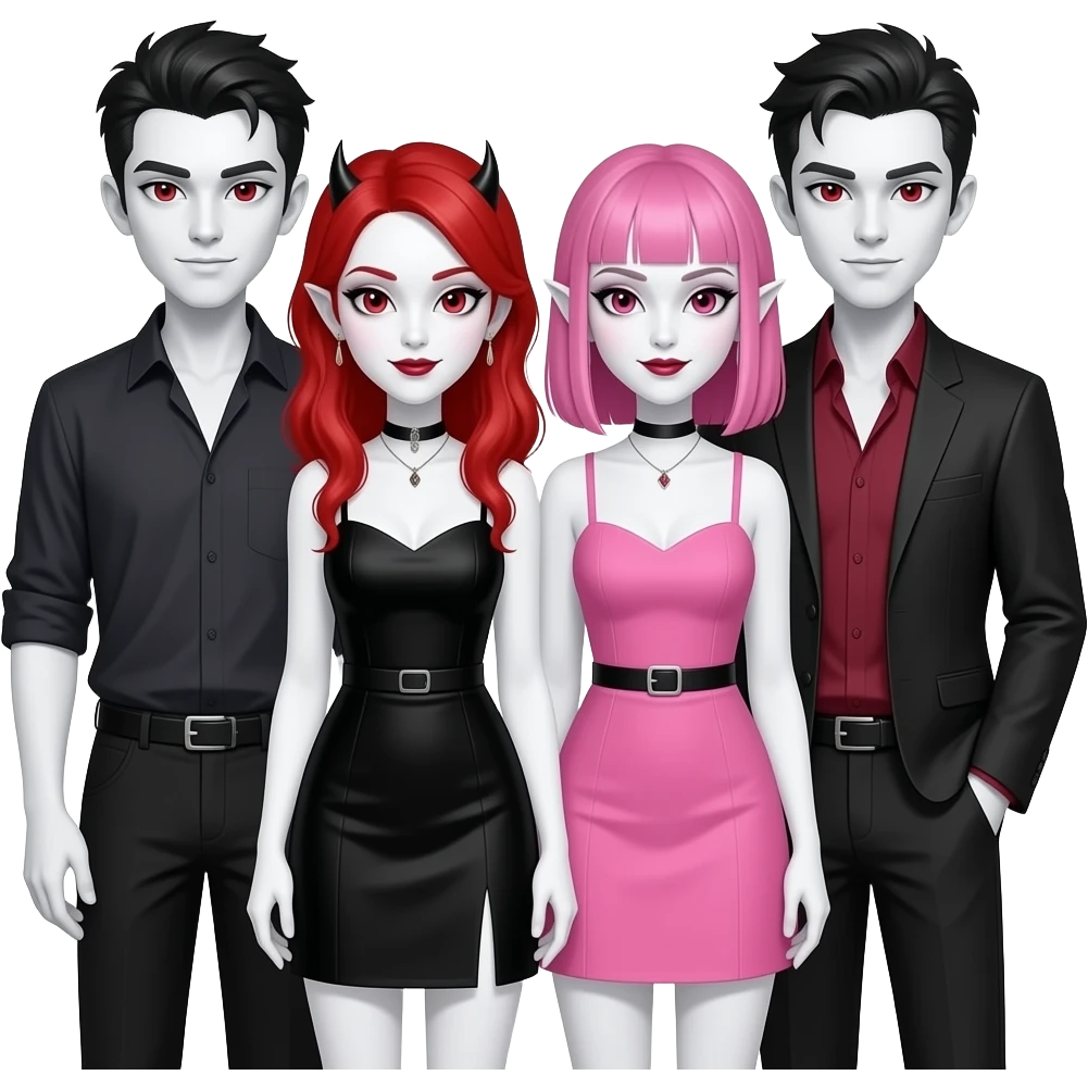 Vampiro femmina con pelle bianca e capelli rossi indossa un vestito corto neri insieme alla sua amica VAMPIRO con i capelli rosa e frangia che indossa un vestito corto rosa e la pelle bianca insieme ai loro reciproci 2 fidanzati VAMPIRI con la pelle bianca vestiti diversamente emoji