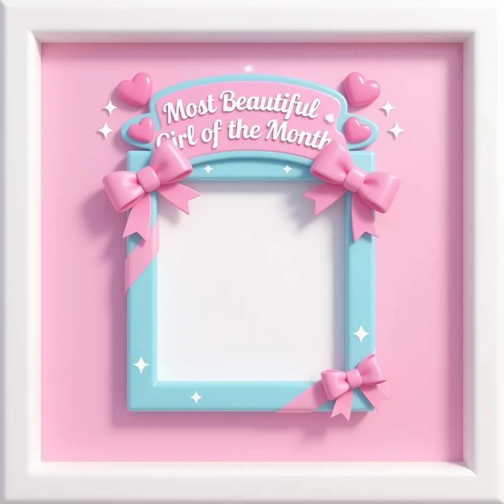 A pastel wall with a cute decorative photo frame in the center, above the frame there is a sign that says “Most Beautiful Girl of the Month”, decorated with ribbons, hearts, and sparkles, soft glowing lighting, empty frame, kawaii 3D style, glossy texture inspired by Barbie colour palette emoji