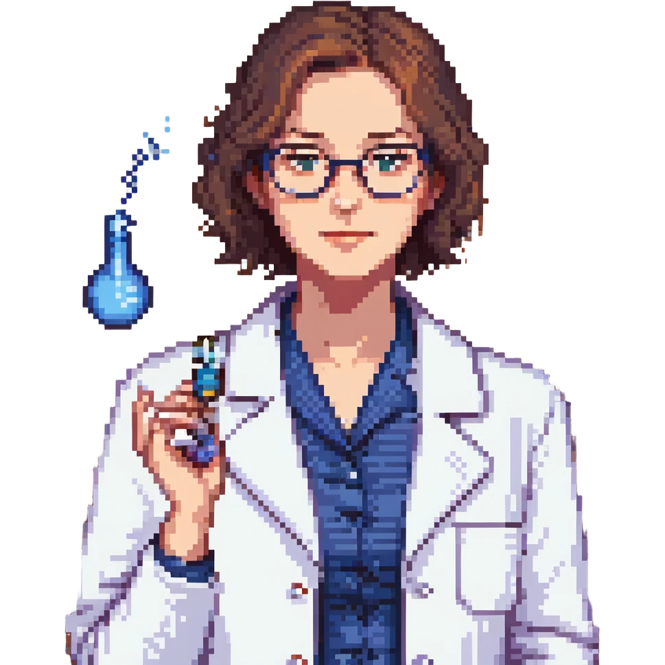 Flat pixel art, a female chemist, wearing glasses, white lab coat over indigo shirt, focusing on lab experiment, holding a flash in her right hand, waist-up, front-facing emoji