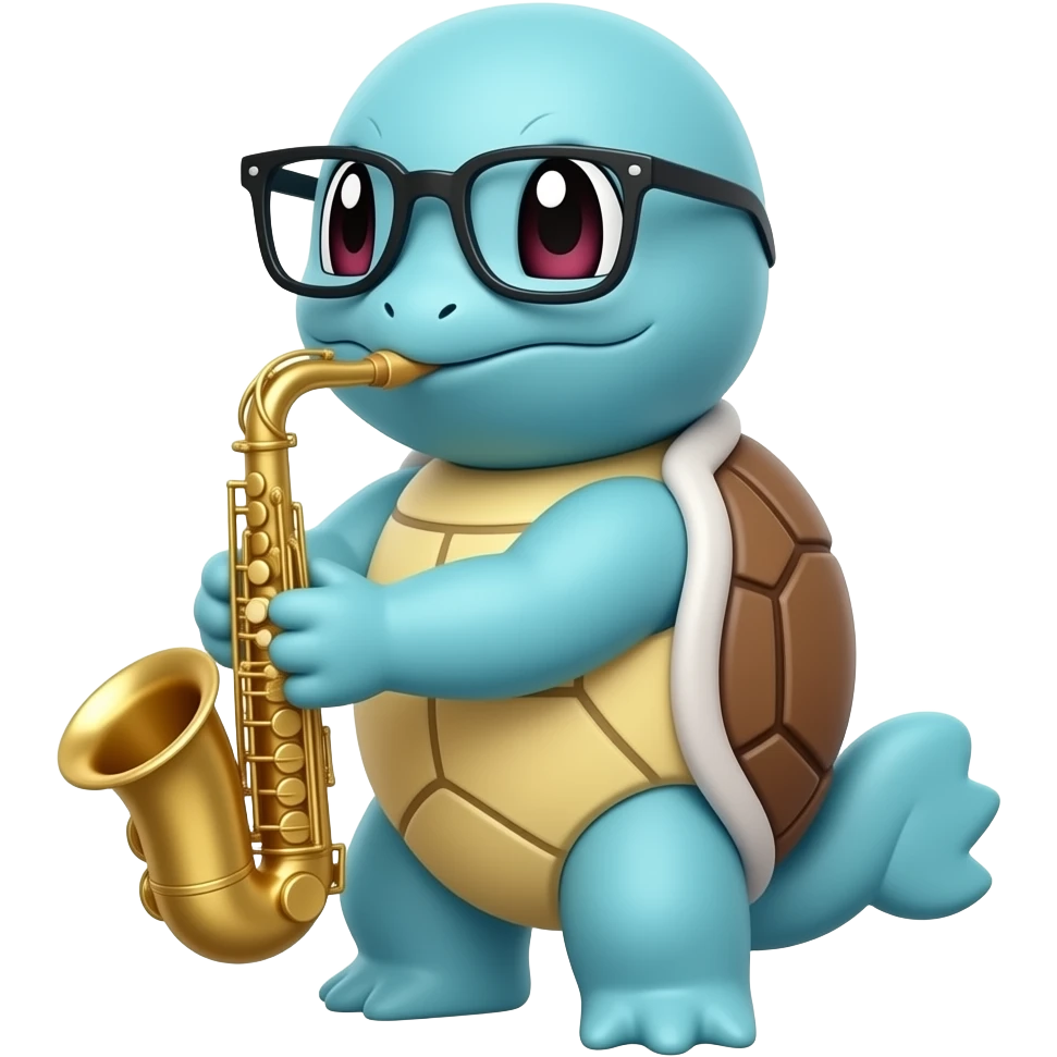 Squirtle playing the saxophone and wearing black glasses emoji