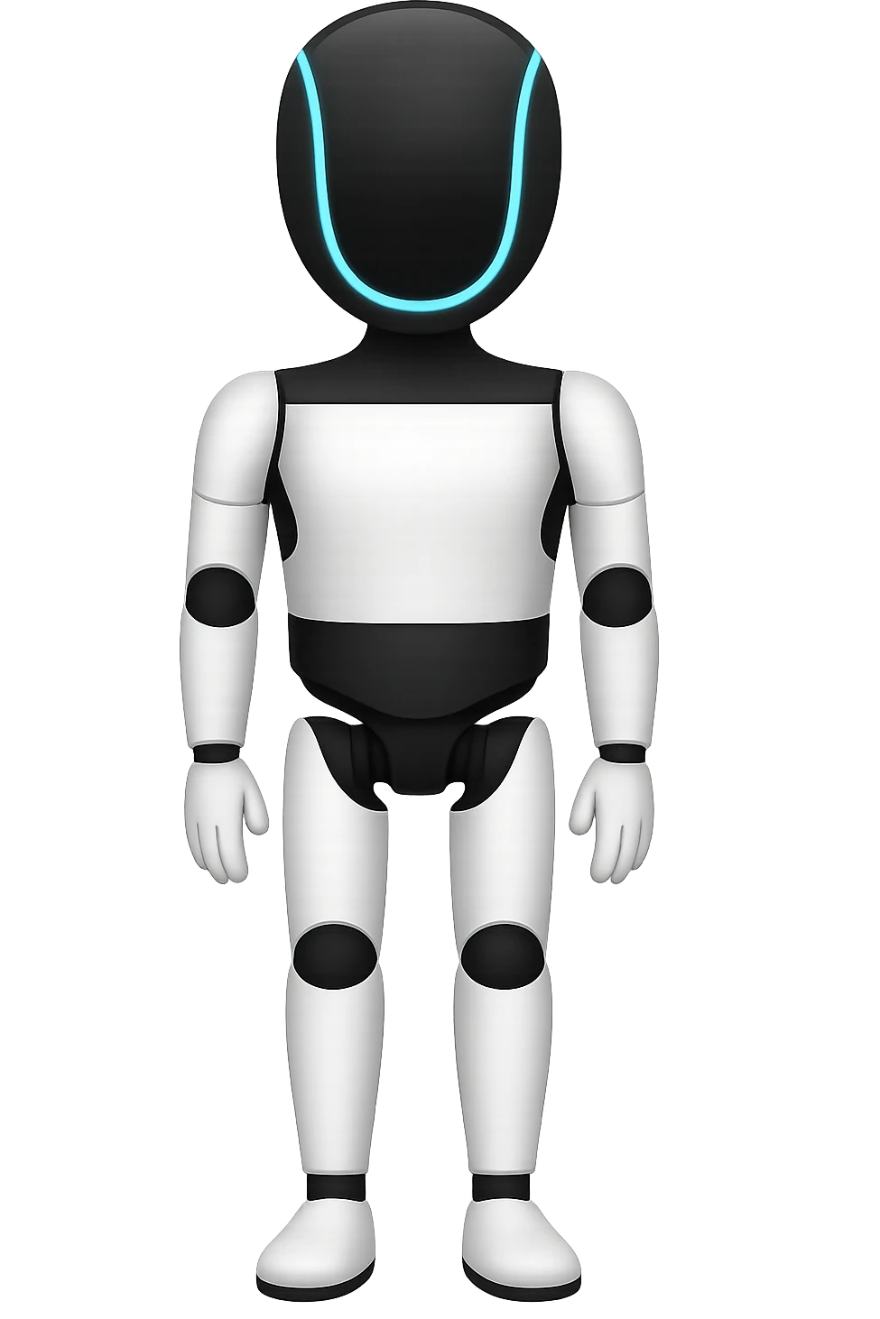 Create a fullbody Tesla robot emoji with the exact head from the reference image, arms down pose, apple emoji style, neutral expression, ensuring the head and feet are fully in frame. emoji