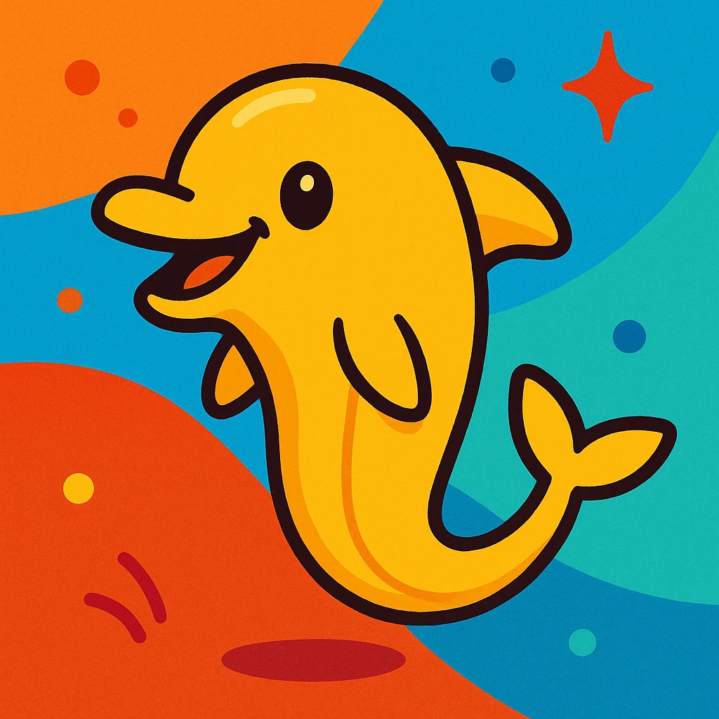 a tiny banana dolphin, smiling, simple cartoon, vibrant colors emoji