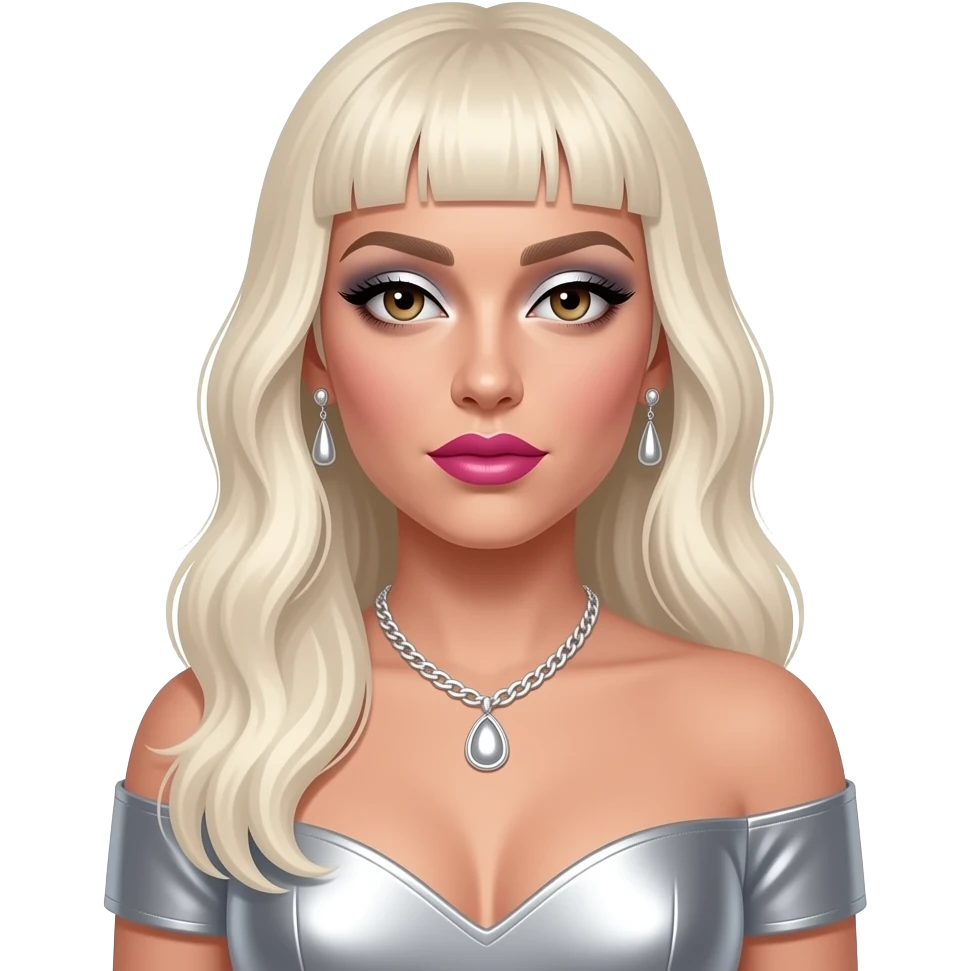 Lady Gaga with hazel eyes, long platinum blonde hair, silver eyeshadow, hot pink lipstick, silver metallic off shoulder dress, silver necklace and earrings emoji