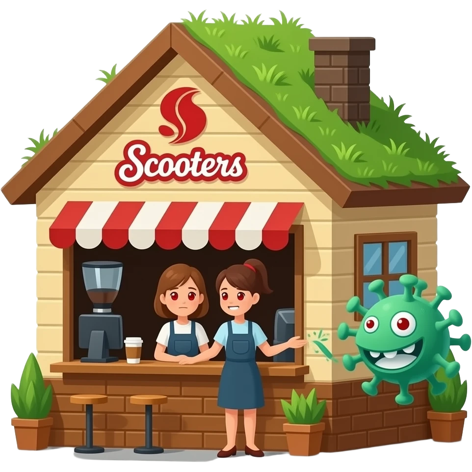 A coffee shop named "Scooters" with a pitched roof with grass growing on it. The logo is red, the building walls are tan and brown. A lady with red stressed eyes is working the counter.  A COVID-19 virus is buying coffee.  emoji