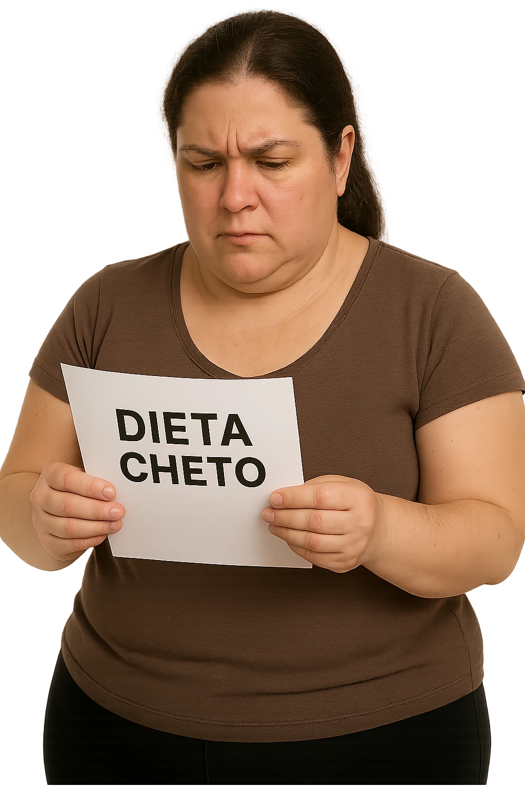donna realistica leggermente in sovrappeso che legge un foglio con la scritta "dieta Cheto", sfondo bianco, iperrealistica 4k, IPERREALISTICA 4K emoji