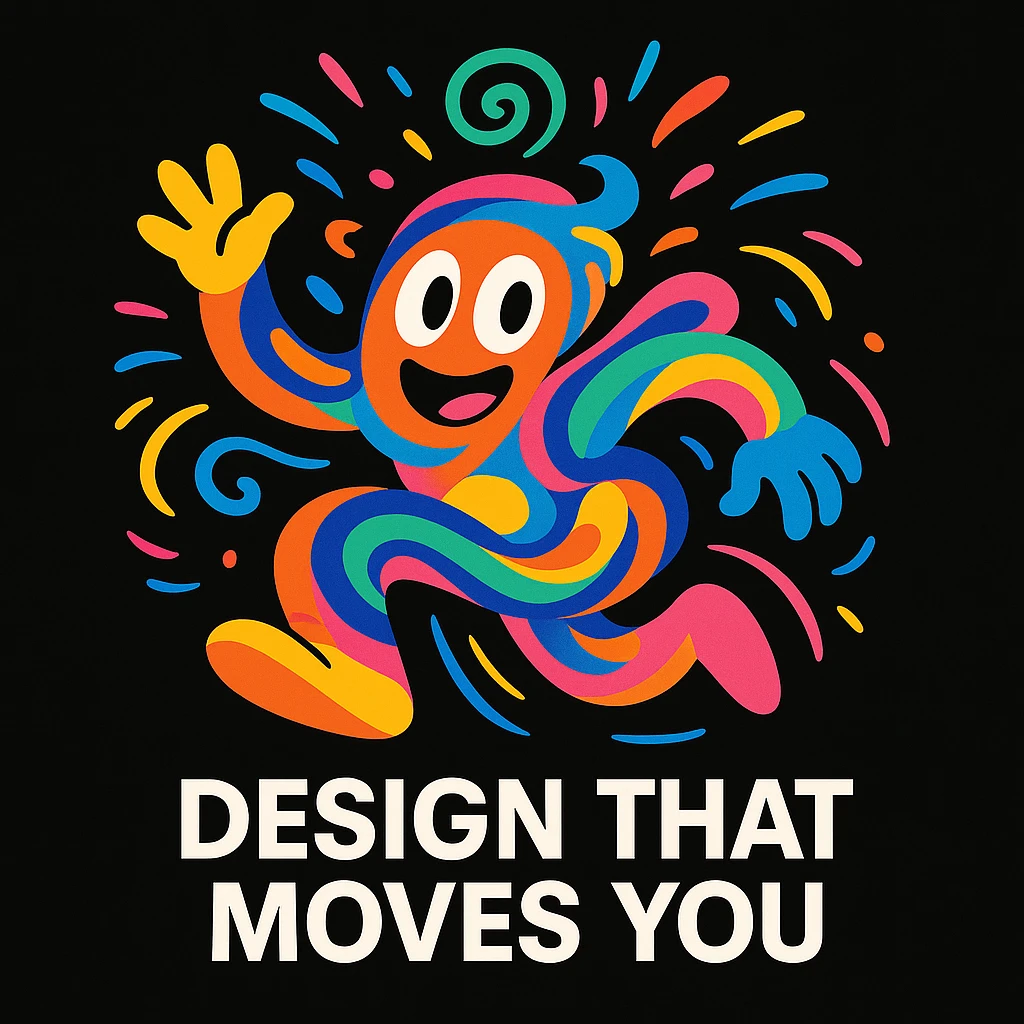 playful abstract mascot for a black website, energetic and imaginative, with swirling shapes and motion lines to show thinking and movement, bright and bold color palette, for a creative tech portfolio, includes the tagline 'Design That Moves You' emoji