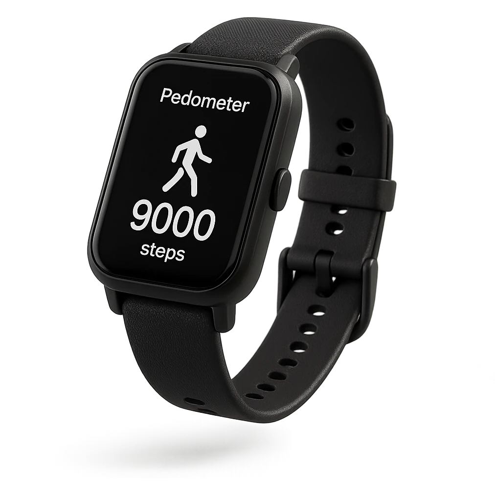 orologio contapassi che segna 9.000 passi sul display, fluttua in aria, iperrealistica 4k, isolato su sfondo bianco emoji