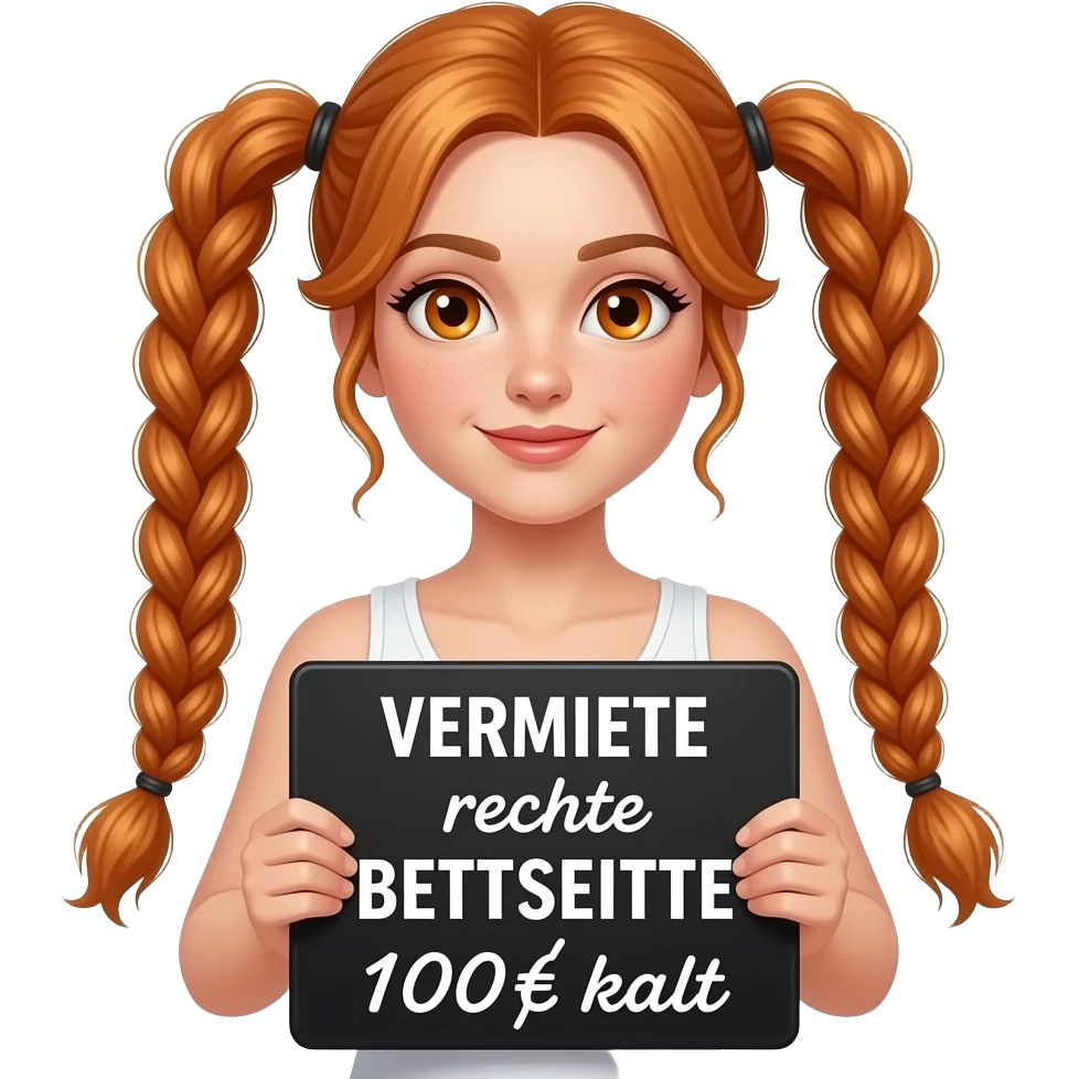 sexy girl with long ginger braids and ginger eyes wearing a white tanktop is holding a black sign with VERMIETE rechte BETTSEITTE 100€ kalt written on it emoji