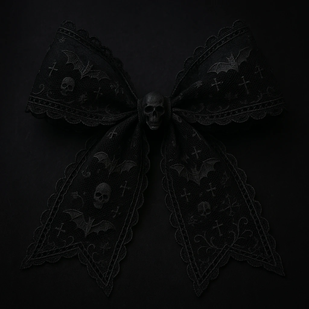 gothic style bow, black lace, dark elegant, subtle skull or cross motif, moody atmosphere, bat motif emoji