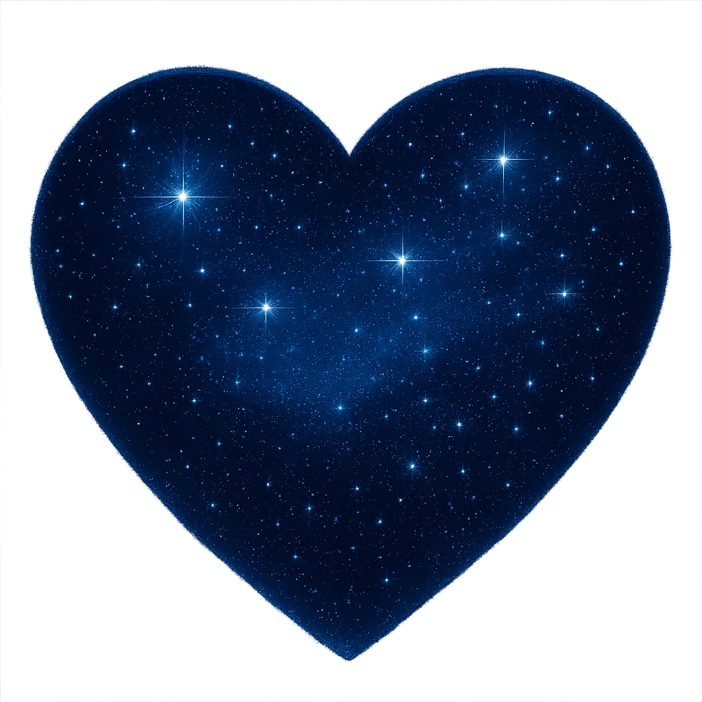 Add more stars to the midnight heart, keep the deep blue and black colors, glowing effect, no background. Maintain the style and glowing effect of the original image. emoji