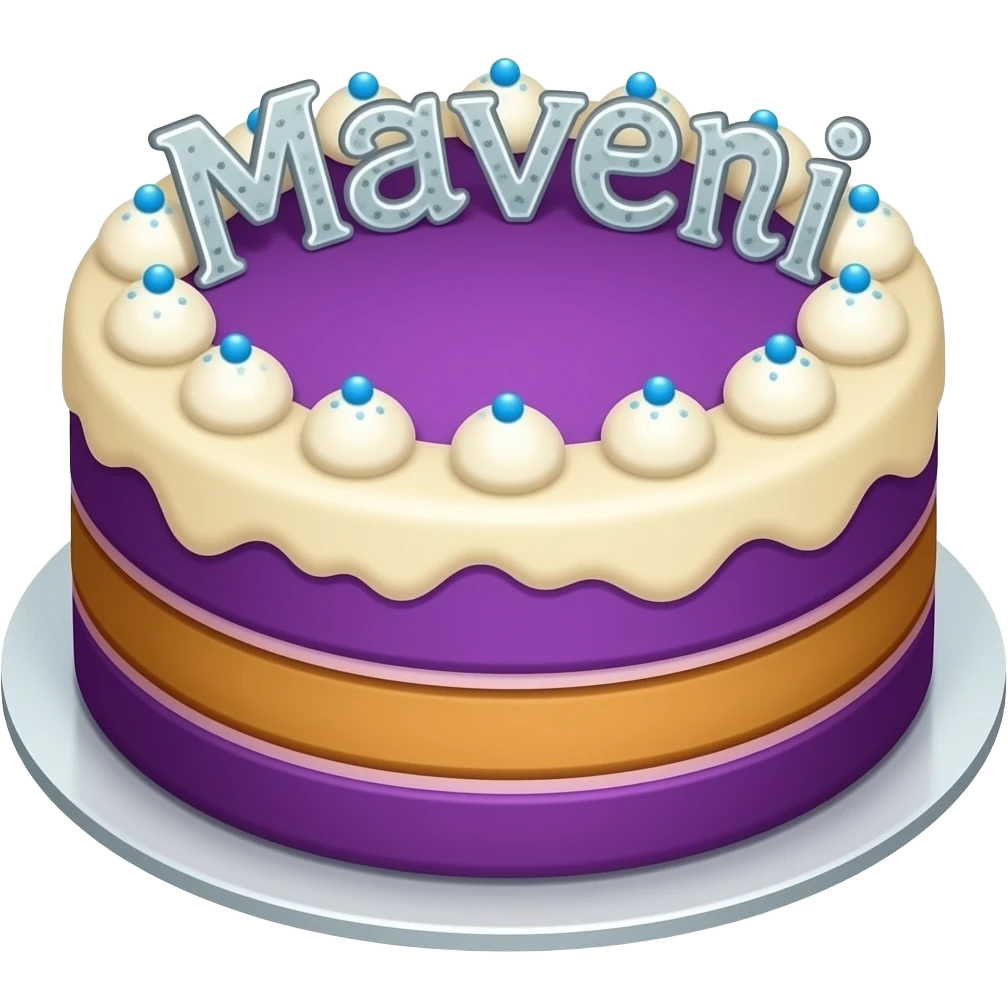 A kiwi vanilla purple sunset cake with whipped cream and blue sprinkles and Woden nailed letters saying Maveri emoji