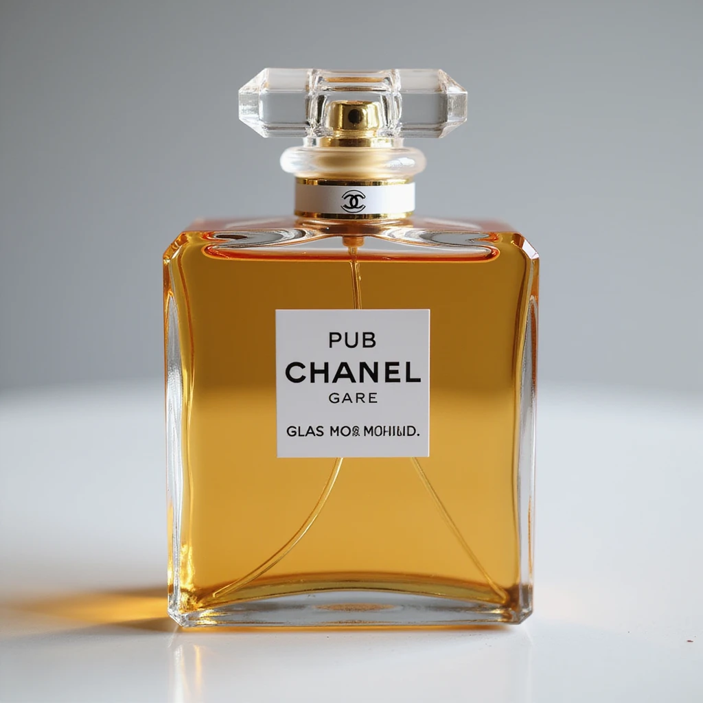 realistic Chanel perfume bottle with gold accents, detailed glass, photorealistic style, minimal background emoji