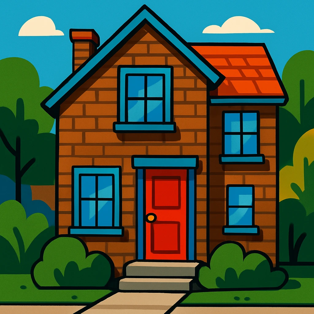 a brown brick house with a red door, stylized illustration emoji