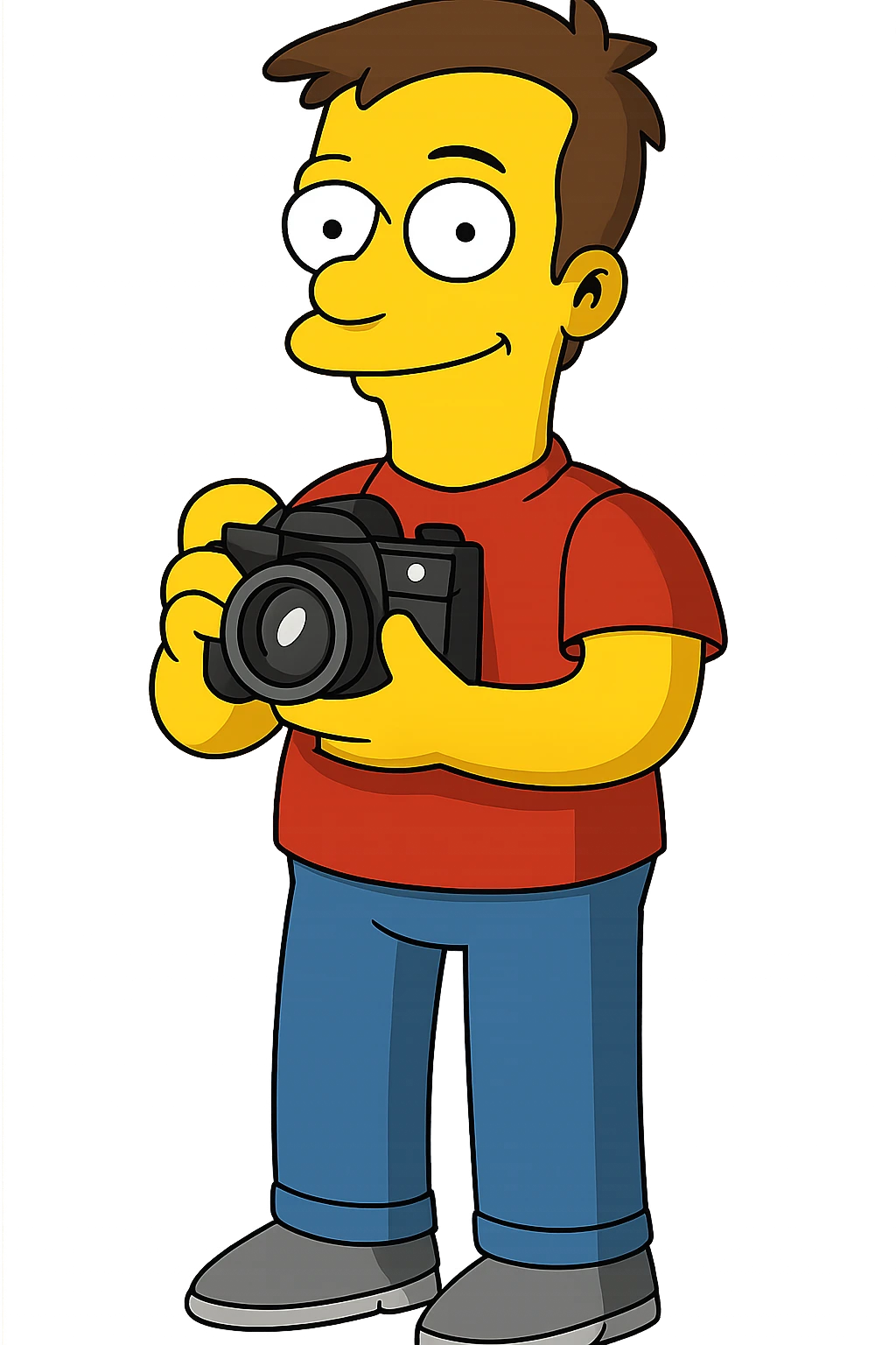 photographer in Simpsons cartoon style, yellow skin, blue jeans, red shirt, holding a camera, friendly expression emoji