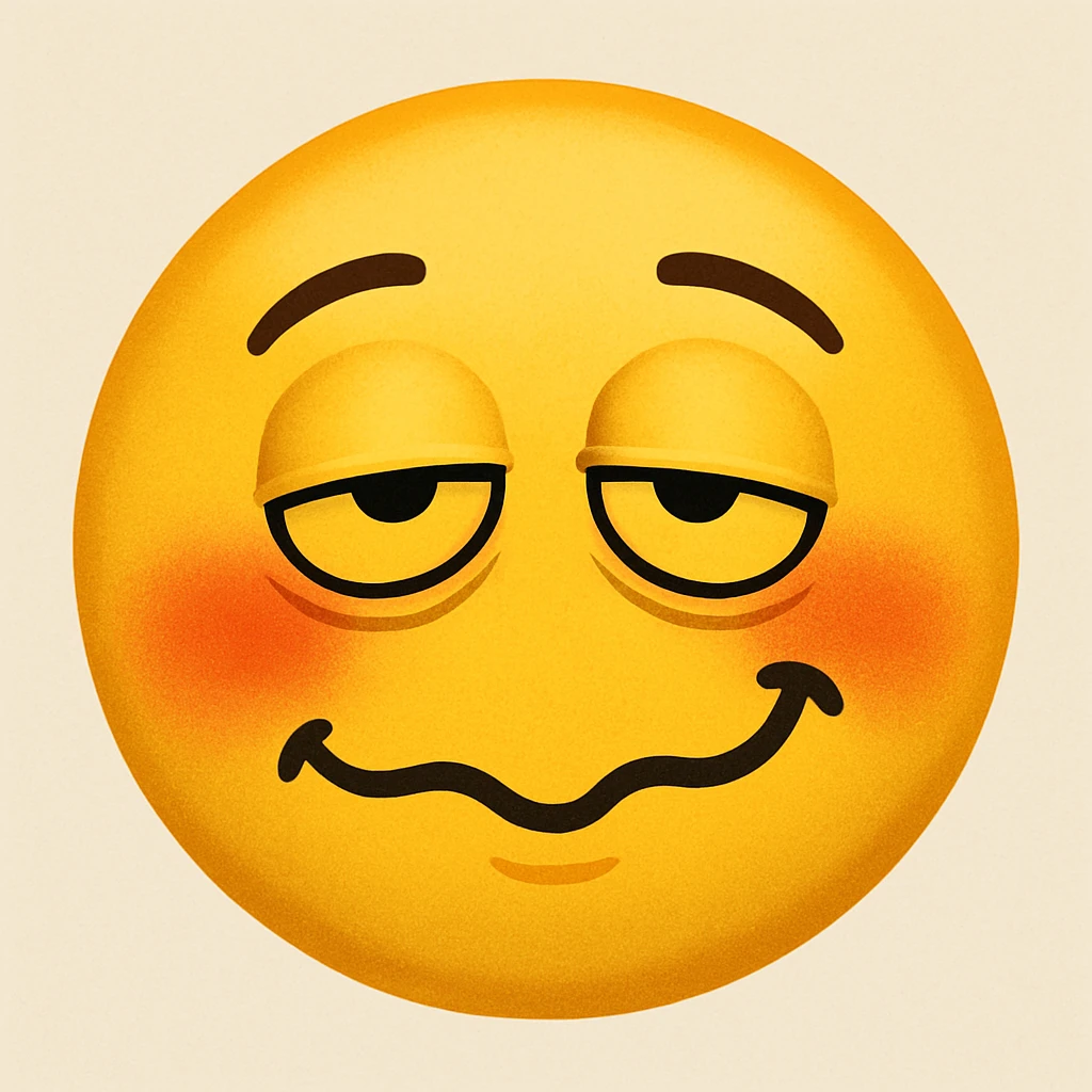 yellow face with sleepy half-closed eyes, flushed cheeks, crooked smile, drunk expression emoji