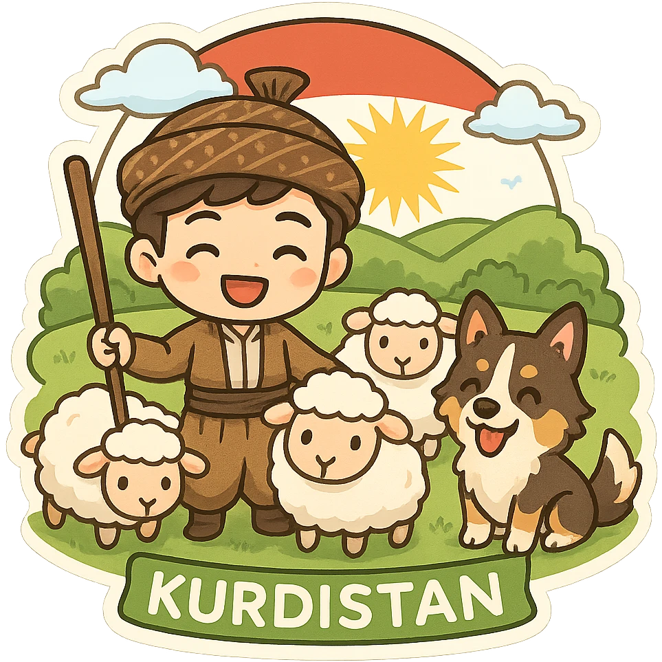 cartoon sticker of a Kurdish shepherd wearing traditional clothes, with sheep and a herding dog, in a lush green pasture of Kurdistan, joyful rural scene, no text, suitable for WhatsApp and Instagram emoji