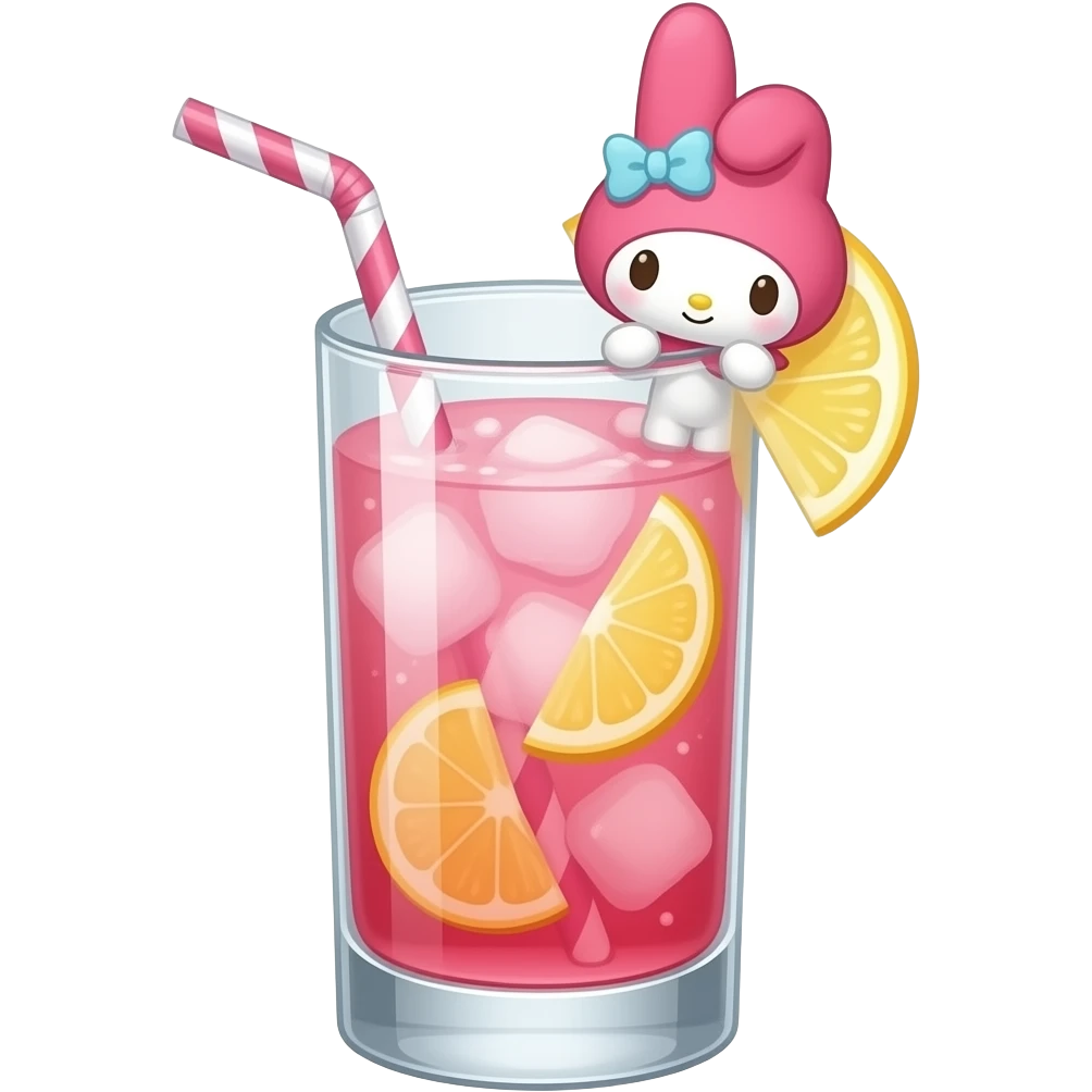 my melody the sanrio character themed pink and yellow colored cocktail in highball glass with actual illustration of my melody as a garnish emoji