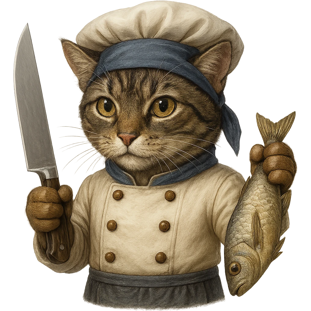 Make the cat chef normal cat colors, but keep the earring gold. The cat is holding a knife and a fish, wearing a bandana, with no background. Maintain the original style and details as much as possible. emoji