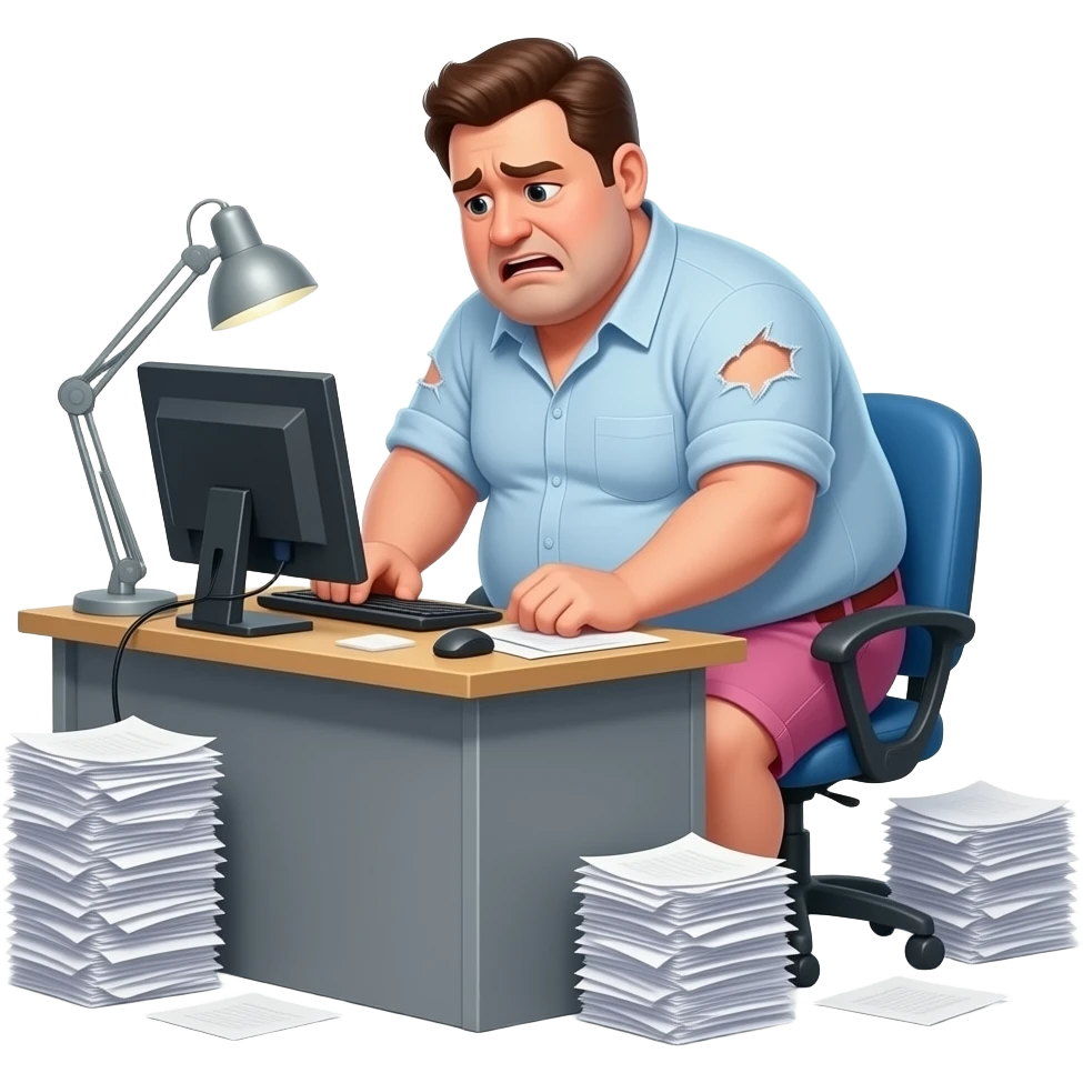 hazme un padre trabajando muy duro en su oficina. con mucho papeleo y muuuuuuuuuy, pero que muuuuuuuuuuuuy gordo. mas gordo aún y estresado. camisa rrota y pantalones cortos de rosas emoji