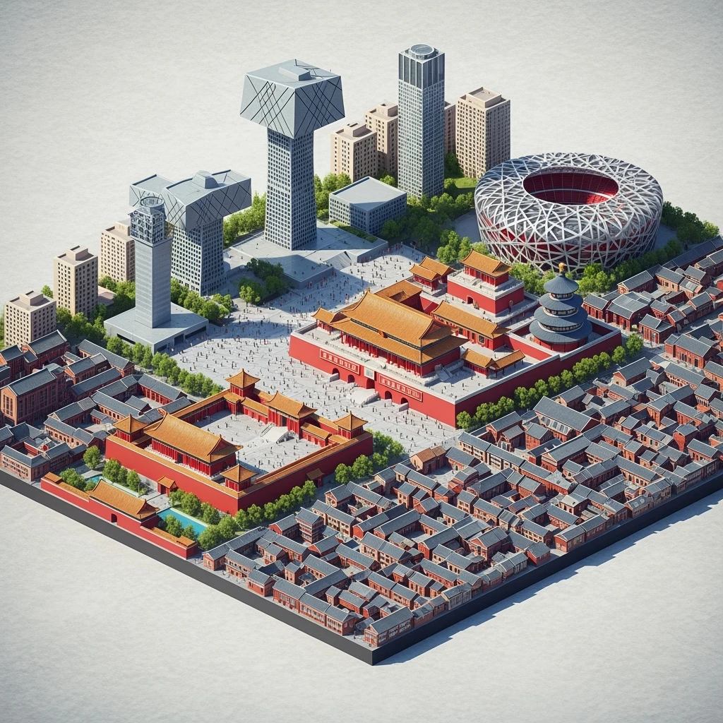 Isometric miniature of Beijing Forbidden City, Tiananmen Square, CCTV Headquarters, Temple of Heaven, China Zun Bird’s Nest Stadium and crowded hutong alleys, apartment blocks, 3D miniature effect and Tilt Shift effect, no cartoonish look, transparent background, don't cut angles emoji