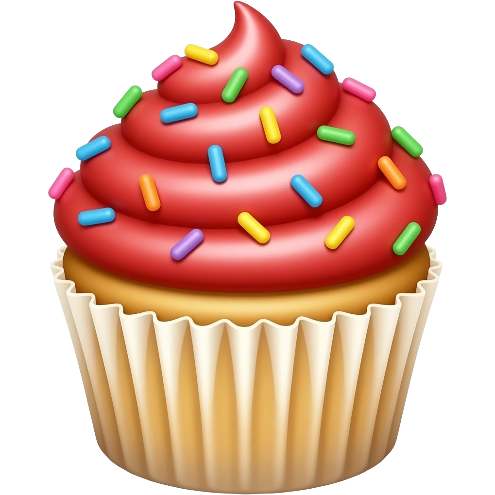 vanilla cupcake with red icing and rainbow sprinkles emoji