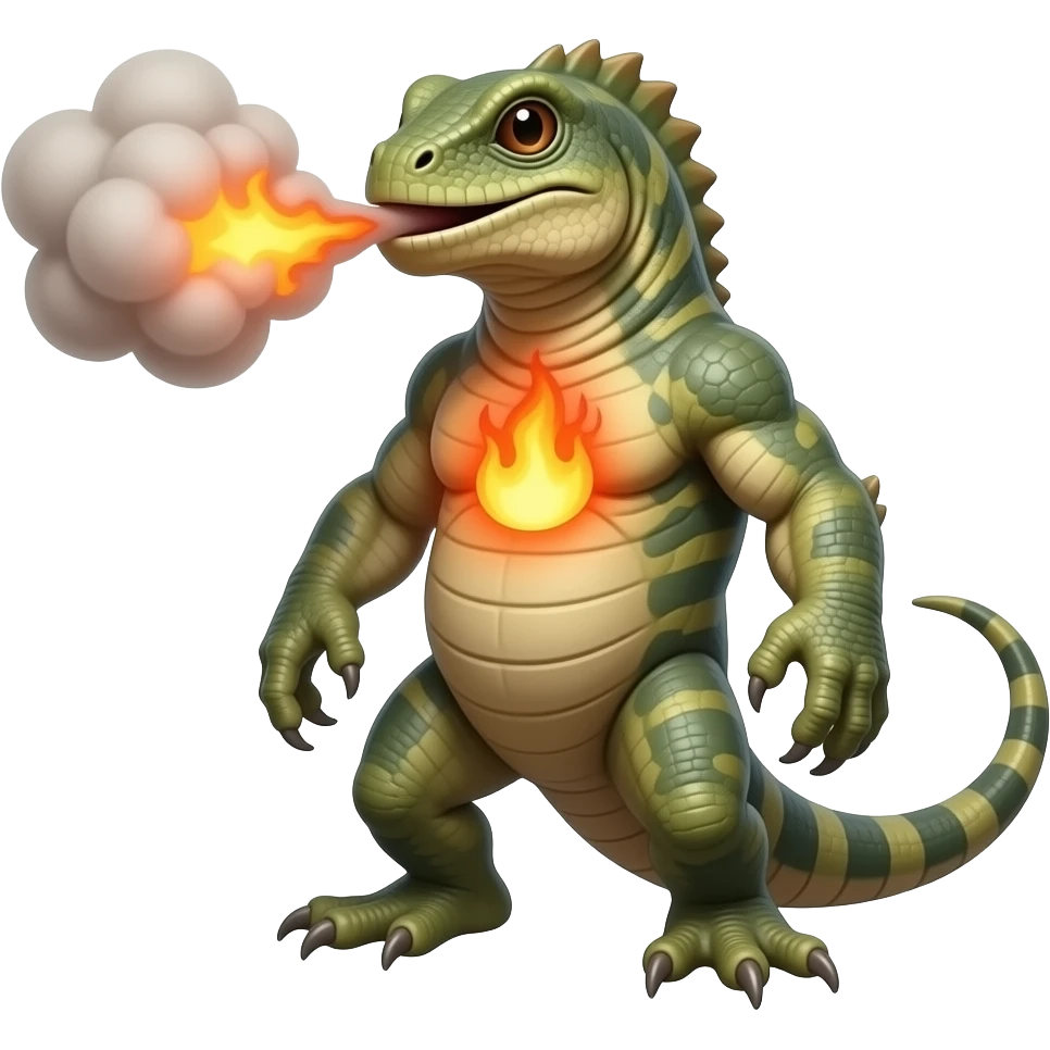 A stocky reptilian creature that stores heat in its chest and exhales thick, burning ash clouds. It prefers dry canyons and volcanic slopes emoji