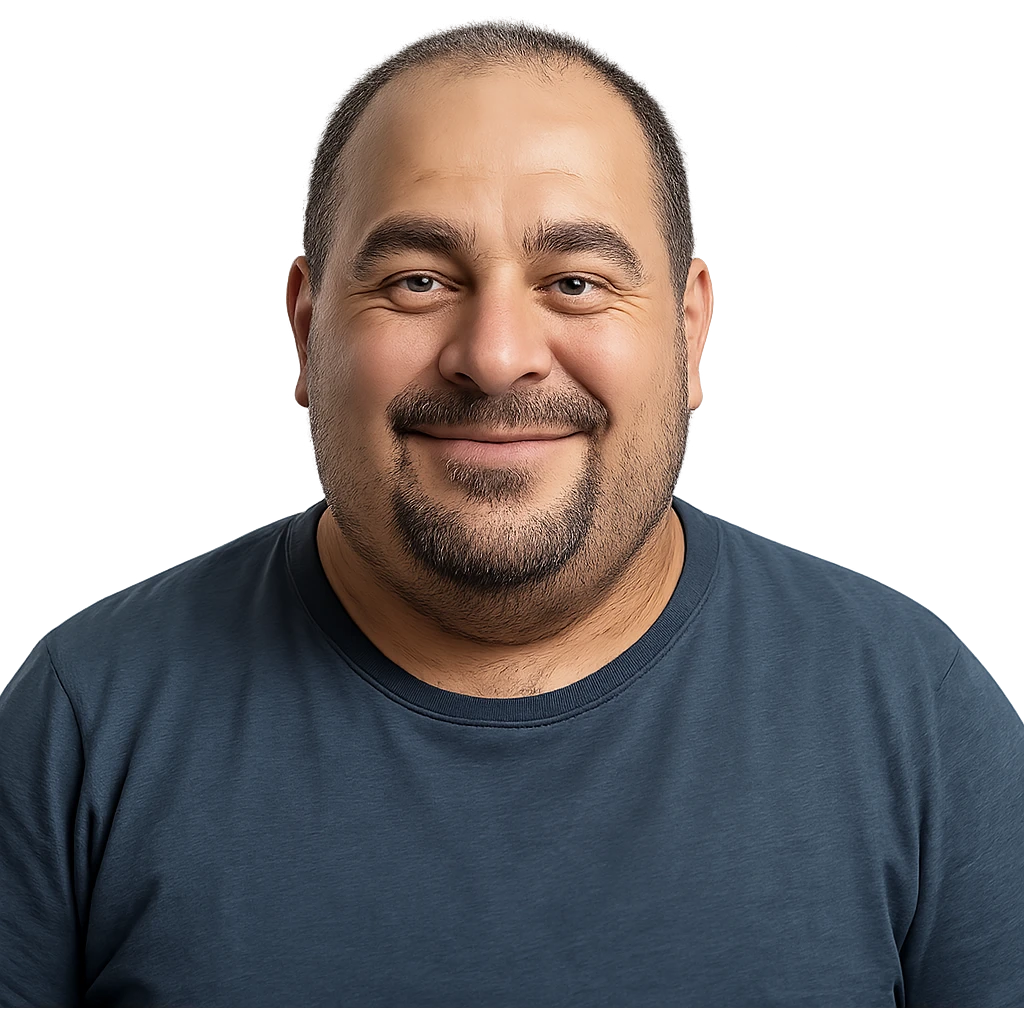 chubby Lebanese man with a goatee and short hair, smiling, portrait, realistic style emoji