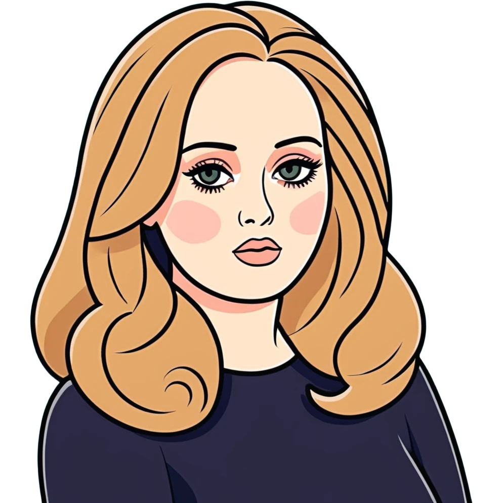 8k, 7000x7000px resolution, clean, smooth, thin lines, ultra detailed, hyperrealism, celebrity, best selling singer, Adele 2023. Glossy appearance, clean thin lines. Perfect makeup, long hair, thinner. emoji