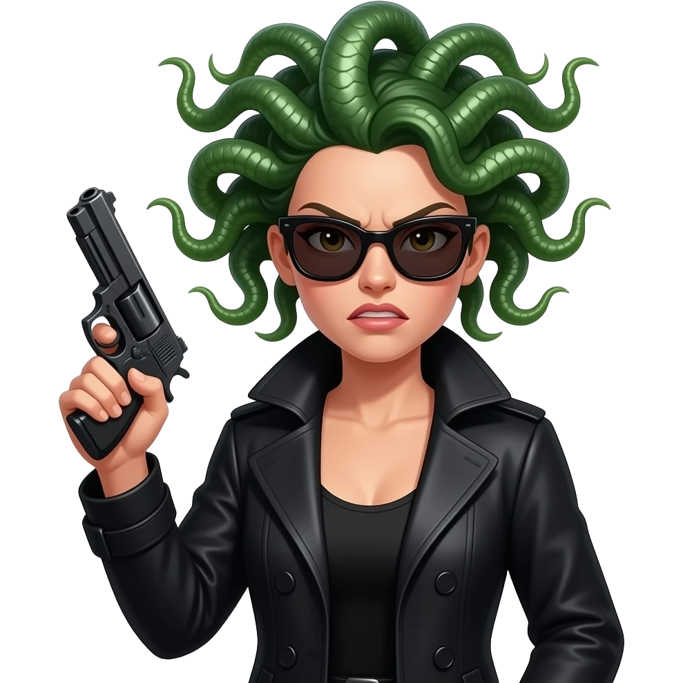Angry beautiful female Medusa in black coat with sunglasses holding gun emoji