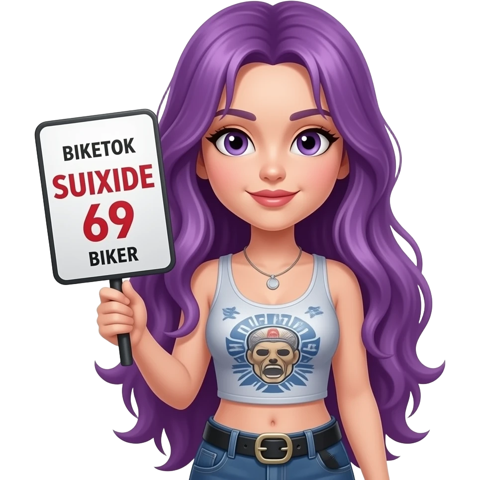 sexy girl with long purple hair holding a BIKETOK SUIXIDE 69 BIKER sign emoji
