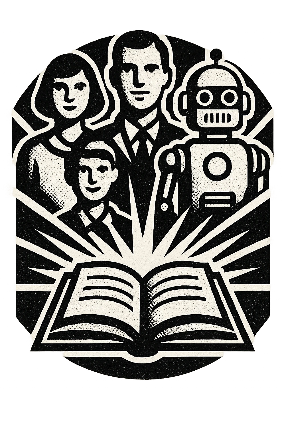 graphic vintage sci-fi art deco logo, group of people, robot, book, connected by radiating lines and geometric shapes, symbolizing community, education, and technology, no text emoji