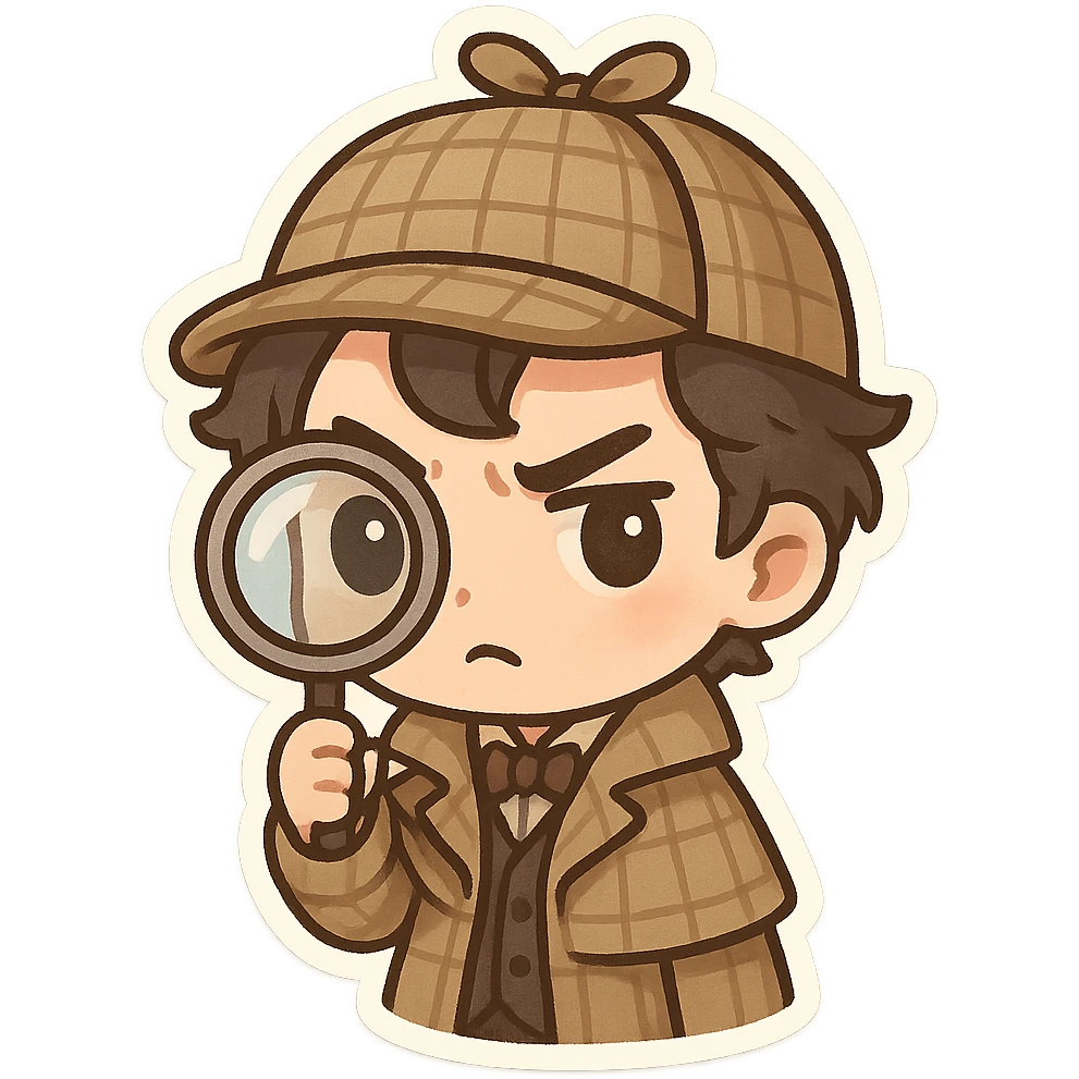 Sherlock Holmes, cartoon style, magnifying glass, mysterious expression emoji