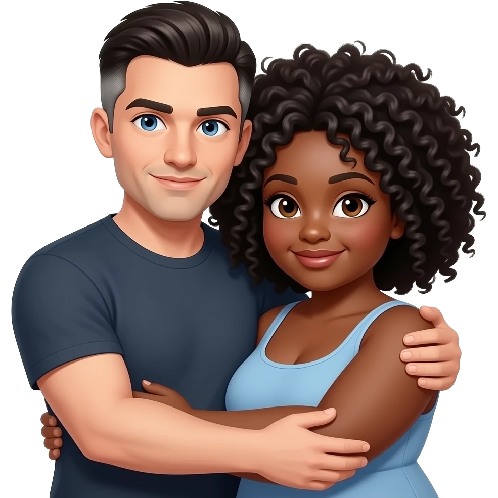 Medium build white male with medium dark hair and some gray hair, cut high and tight blue eyes with his arms wrapped around plus size black female Afro hair, some gray emoji