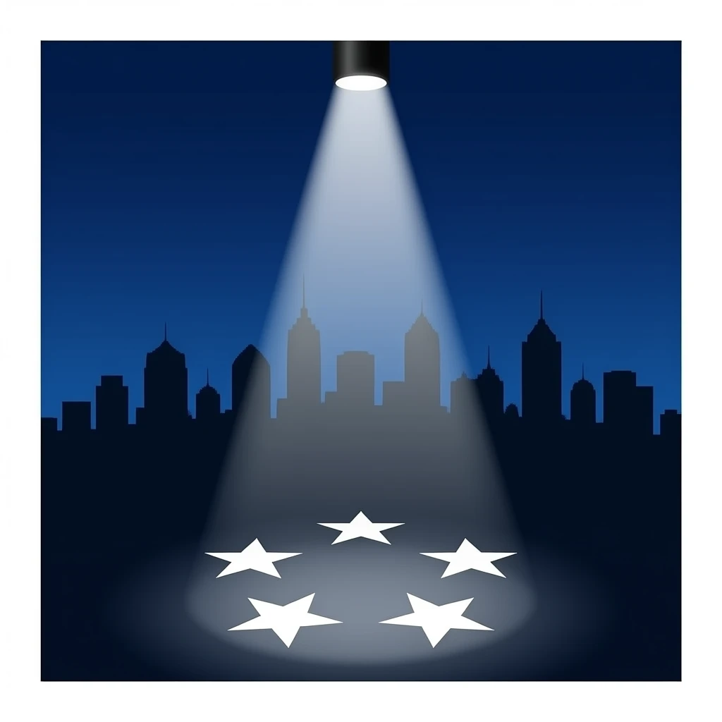 Slack emoji, cartoon style, dark night cityscape silhouette, bright searchlight beam projecting upward from the ground, the beam forms the shape of the Australian Southern Cross stars (five white stars), dramatic spotlight effect, dark blue sky, simple flat design, bold high contrast, no text emoji