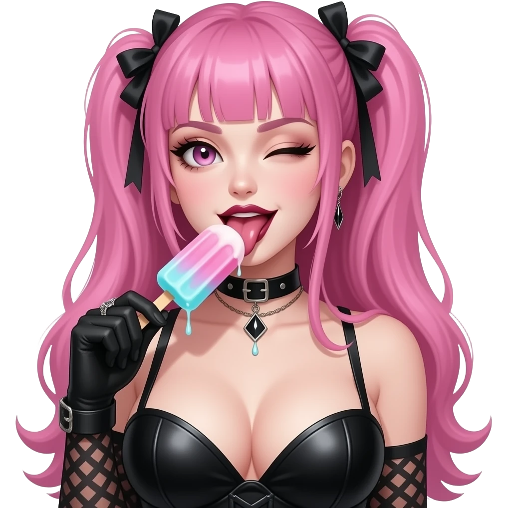 Sexy pink haird gothic woman with huge boobs licking a drippin ice lolly with her tongue out and winking emoji