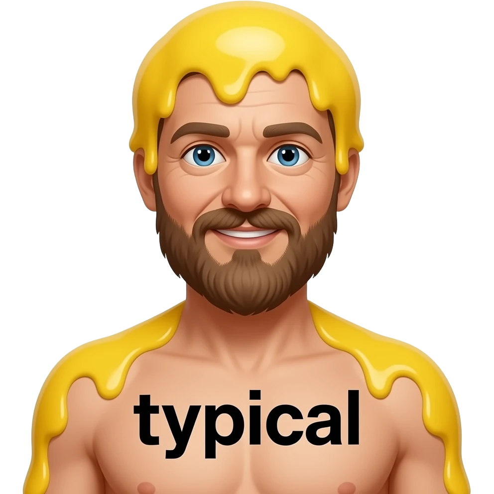 bob ross is now covered in egg yolks head to toe and on his torso the words "typical" are shown in black color over the egg yolk emoji