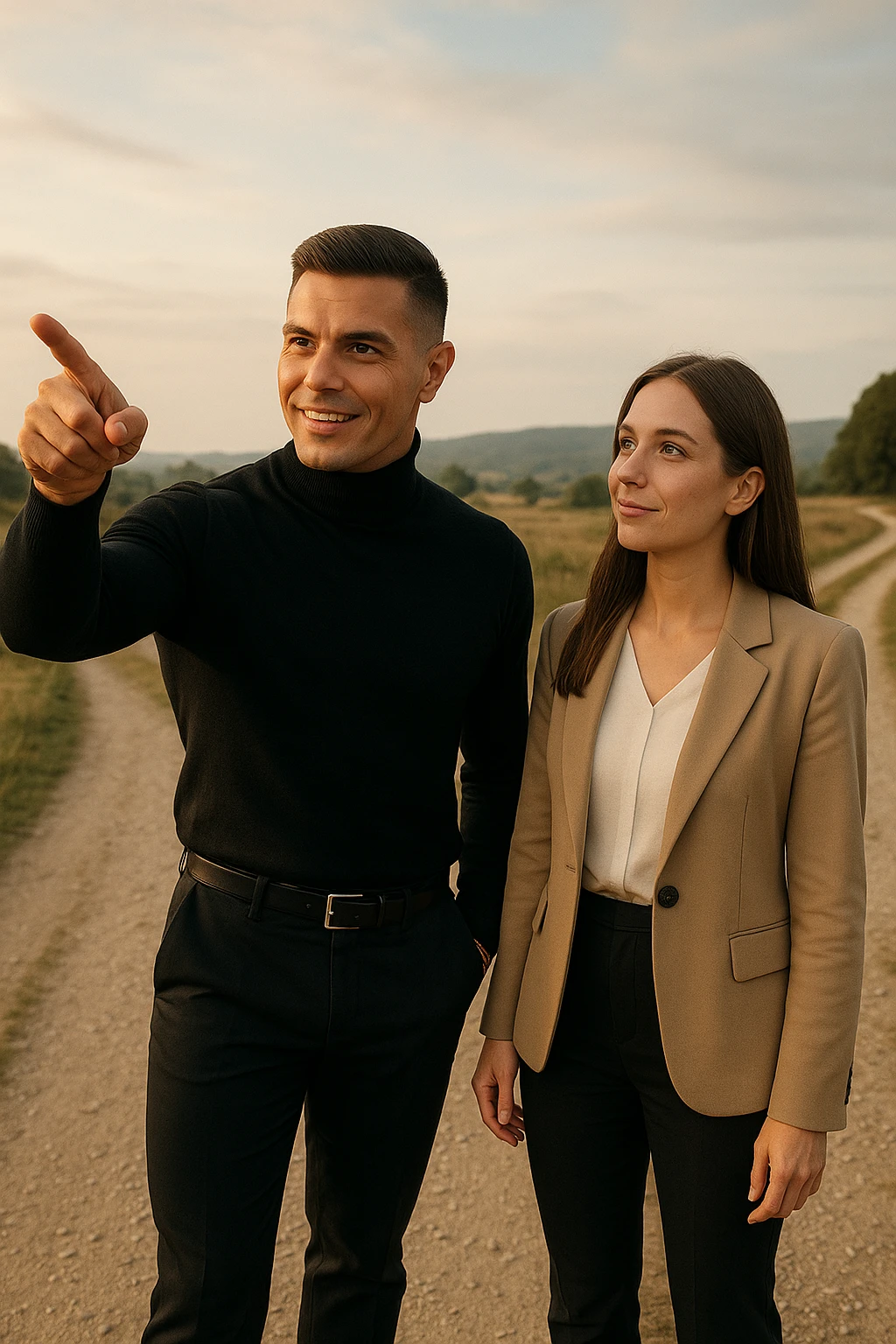 Editorial photo of a confident man standing at a crossroads, pointing decisively toward a clear path ahead. Beside him, a woman looks at him with trust and readiness to follow. Both are well-dressed, the setting is an open landscape with soft, natural light. The mood is one of leadership, guidance, and partnership. emoji