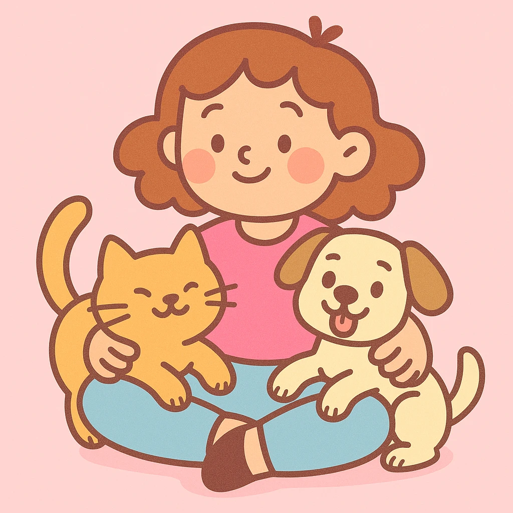 pastel toon style of a sweet little girl sitting with a cat and dog in her lap, gentle pastel colors, rounded features, charming and approachable emoji