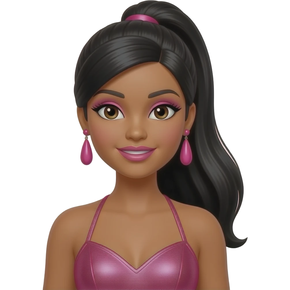 Christie from Barbie and Friends with dark brown eyes, long black high ponytail hair, pink eyeshadow, pink lipstick, pink metallic halter dress, pink earrings emoji