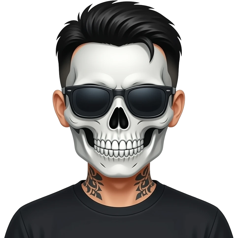 Crear un emoji de un hombre de pelo corto chino con pasamontañas de calavera y gafas muy oscuras tatuado de la cara emoji