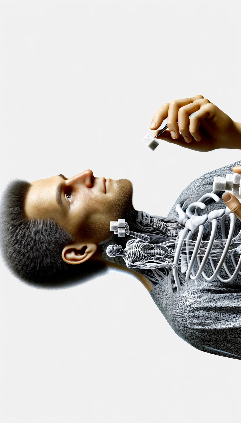 corpo umano anatomico con capelli corti a figura intera fino alle ùginocchia, tiroide infiammata in evidenza, tiene in mano una manciata di zollette di zucchero, iperrealistica 4k, isolato su sfondo bianco emoji