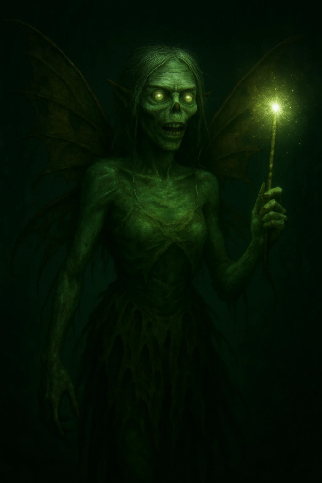Edit the image of a zombie fairy holding a glowing magic wand with decayed wings, greenish skin, tattered dress, and an eerie glow. Keep the same style as the reference image. emoji